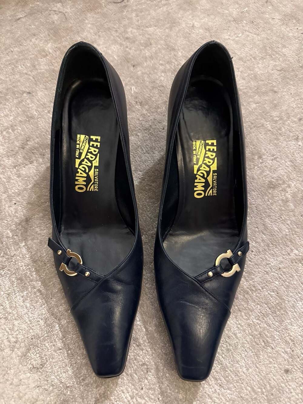 Salvatore Ferragamo Navy Blue Leather Logo Buckle Pumps Size 37